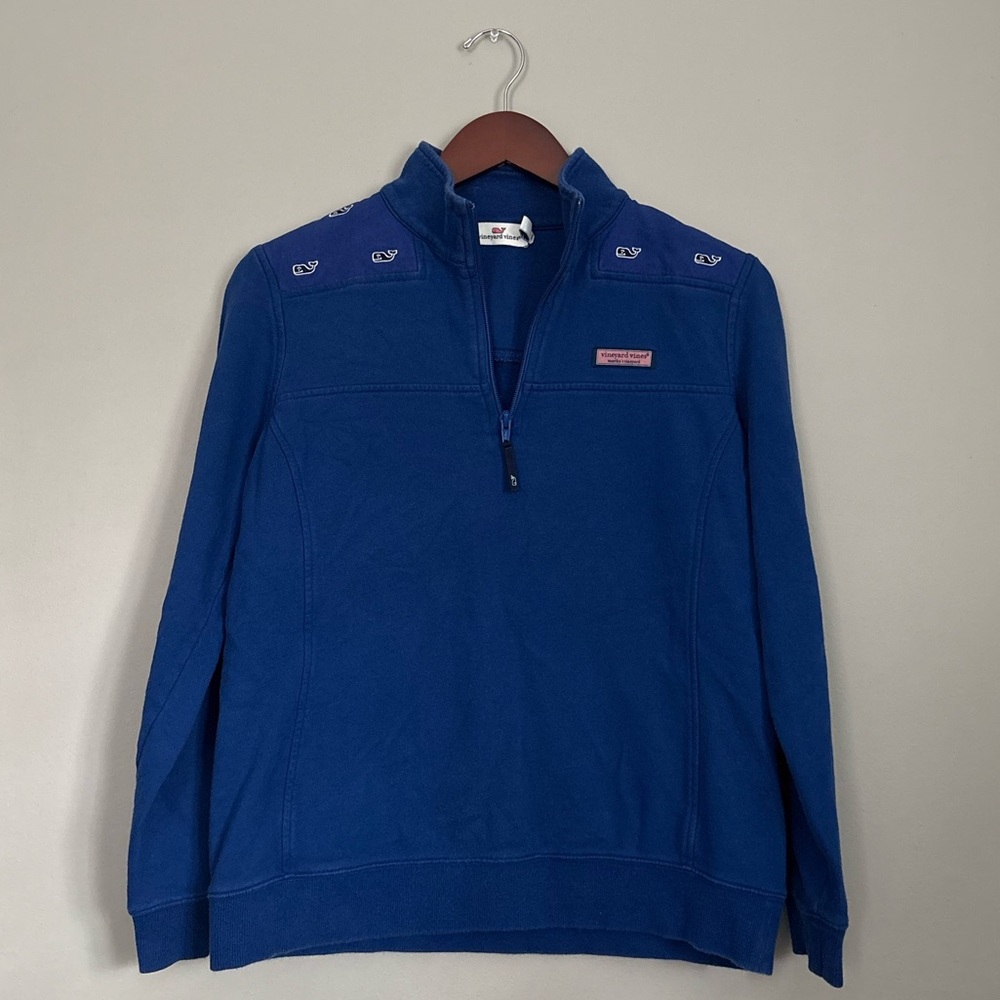 Vineyard Vines Women’s Blue Zip-Up Sweater w/ Whale Detail and Iconic Pink Logo